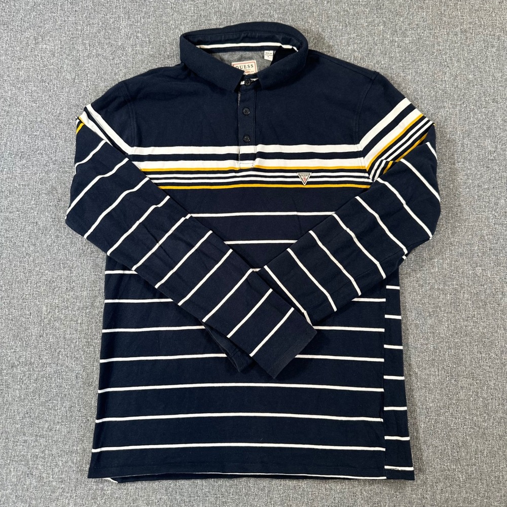 Guess‎ Mens Extra Slim Fit Long Sleeve Striped Polo Shirt Navy Blue Yellow L